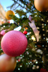Close-up of Christmas tree ornaments.