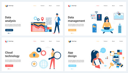 Data analysis and management with cloud technology, mobile app design set vector illustration. Cartoon tiny people search files with magnifying glass, develop UI of app, work with hosting server