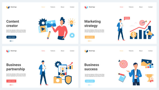 Success of marketing strategy, creation of content and business partnership set vector illustration. Cartoon tiny people and partners work for profit growth, creator and influencer in social media