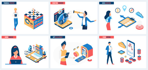 Targeting, financial success strategy and hiring, mobile app development set vector illustration. Cartoon tiny people work with data report presentation in phones and cloud systems, business process