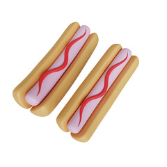 3D Icon Two Hot Dogs. Cartoon style. 3D rendering. Cartoon Style. Fast food concept.