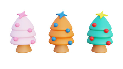 3d web icon illustration of christmas trees with decorations in different colors