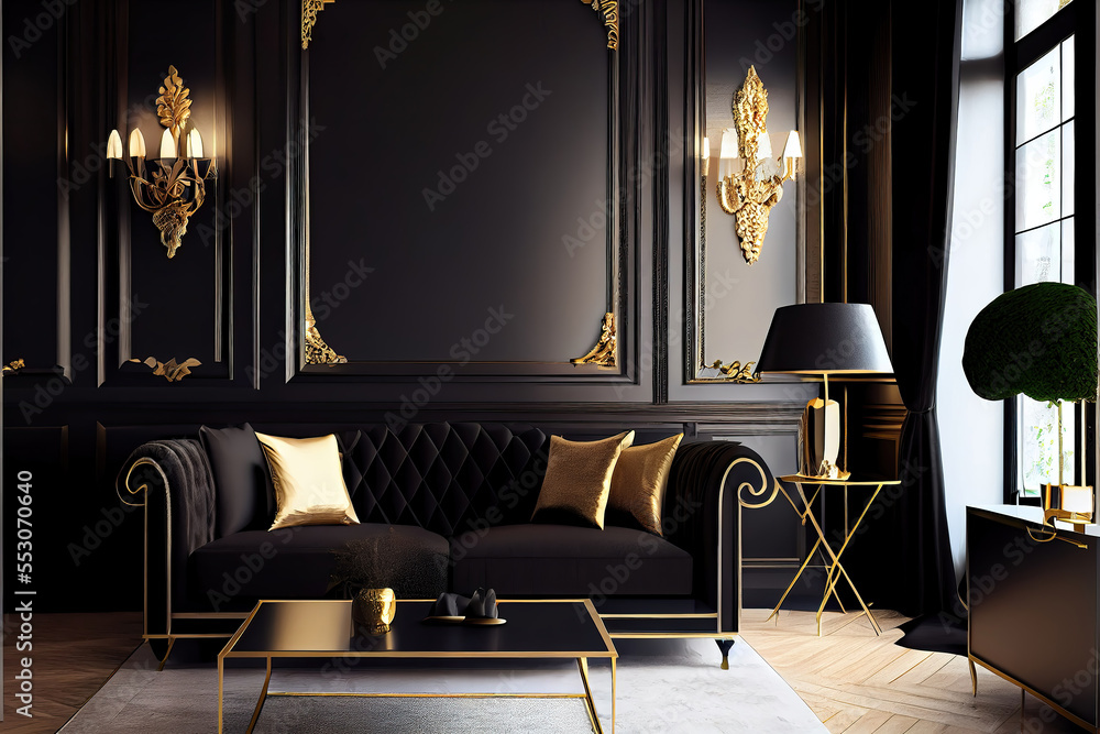 Wall mural luxury black and gold living room interior