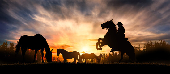Naklejka na ściany i meble Cowboy wheelies his horse while grazing his herd of horses