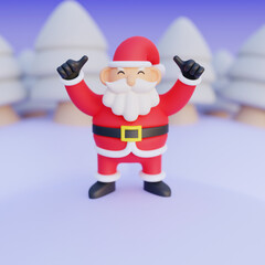 3d character of Santa Claus at Christmas on a snowy background with white trees
