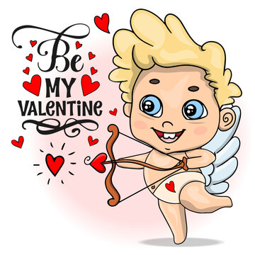 Vector cupidone with heart. Cupid greeting. Little cute cupid with bow and many little hearts and pink background. Greeting card with text. Illustration for Valentines day design.