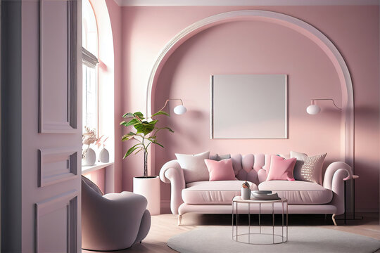 Luxury Pink Pastel Living Room Interior With Sofa