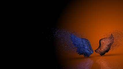 Metallic blue-orange wings with blue-orange particles under blue-orange lighting background. Concept 3D CG of free activity, decision without regret and strategic action.