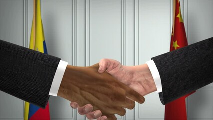 Ecuador and China Officials Business Meeting. Diplomacy Deal Animation. Partners Handshake 4K - Powered by Adobe