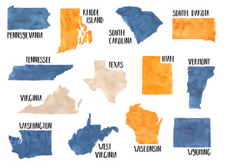 Watercolour collection of different States on white background: Pennsylvania, Rhode Island, South Carolina, South Dakota, Tennessee, Texas, Utah, Vermont, Virginia, Washington, Wisconsin, Wyoming.