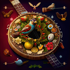 Naklejka premium Christmas Instrument Made of Ornaments and Cookies with Birds and Banjo, Abstract Ai Art Style, Cake Idea