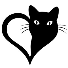 Black cat logo illustration in heart on white background