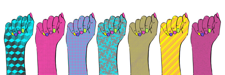 Vector illustration of a fist. Rally, protest. Isolated set. Bright psychedelic design.