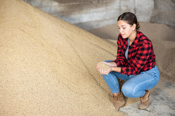 Young woman squatting at large heap of calf feed in animal food storehouse. Woman holding handful of fodder.