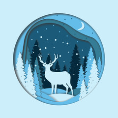 Winter forest and deer in paper style. Vector graphics