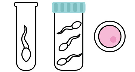 vector illustration of a tube with spermatozoid, sperm test and egg cell, set of icons