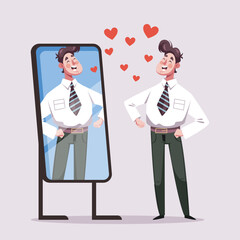 Narcissistic people character looks at mirror design element vector illustration concept