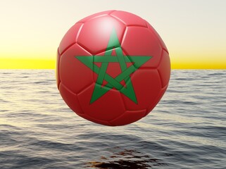 3D Render of a Football Soccer ball with the flag of Morocco. Ocean and sunset background. 