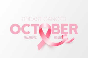 October. Breast Cancer Banner, Card, Placard with Vector 3d Realistic Pink Ribbon. Breast Cancer Awareness Month Symbol Closeup. World Breast Cancer Day Concept