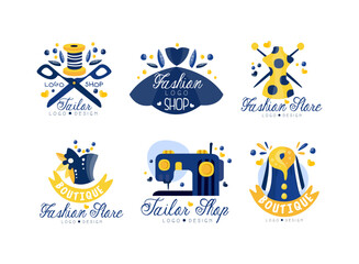 Fashion Boutique and Tailor Shop Logo Design with Dress, Needles, Machine and Coat Vector Set