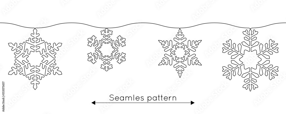 Leinwandbilder one continuous line drawing of christmas snowflakes seamless pattern. winter holidays and cold cryst