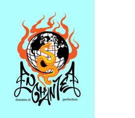 Fiery globe with a snake coiled around it and custom hand-drawn typography. Unique and striking design with a personal touch. Perfect for fans of snakes, globes, or fiery designs