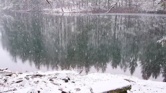 abstract lake reflection fresh snow, winter theme background, horizontal abstract video