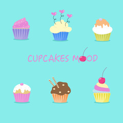 Set of colourful  cute cupcakes