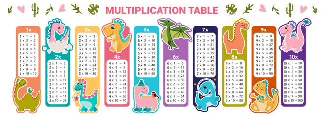 Vector multiplication table. Children's design. Bookmarks or stickers for printing with cute dinosaurs, dino.