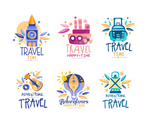 Adventures and Happy Travel Time Logo Design with Ship, Suitcase, Hot Air Balloon, Lantern and Guitar Vector Set