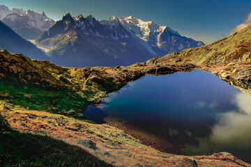 Mont Blanc and idyllic lake Cheserys reflection, Chamonix, French Alps - obrazy, fototapety, plakaty