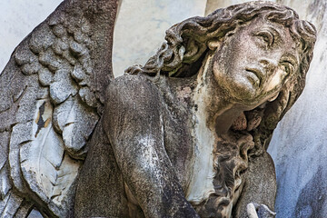 Fototapeta na wymiar Young sad and beautiful fragile Angel, Recoleta cemetery, Buenos Aires