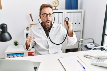 Middle age man with beard wearing doctor uniform holding stethoscope scared and amazed with open mouth for surprise, disbelief face
