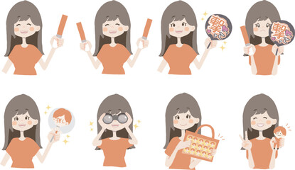 【オタクイラスト/ペンラ、うちわ、双眼鏡、痛ば、ぬいを持っている】表情とポーズのバリエーションセット