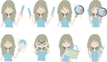 【オタクイラスト/ペンラ、うちわ、双眼鏡、痛ば、ぬいを持っている】表情とポーズのバリエーションセット