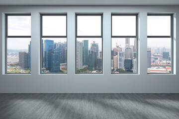 Obraz na płótnie Canvas Empty room Interior Skyscrapers View. Downtown Singapore City Skyline Buildings from High Rise Window. Beautiful Expensive Real Estate overlooking. Day time. 3d rendering.