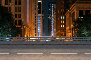 Fototapeta premium Empty urban asphalt road exterior with city buildings background. New modern highway concrete construction. Concept of way to success. Transportation logistic industry fast delivery. Chicago. USA.