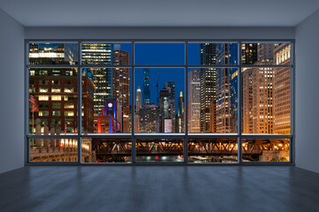 Downtown Chicago City Skyline Buildings from High Rise Window. Beautiful Expensive Real Estate...