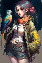 Fototapeta premium anime girl with parrot 