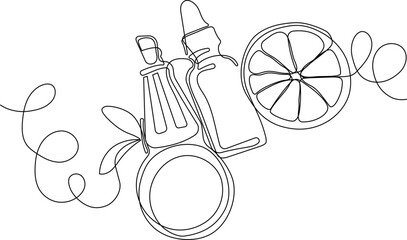 Continuous drawing of one line of bottles with oil or honey or lemon or lime juice for scrubbing and body skin care with natural herbal skin care products, top view of ingredients. Vector illustration