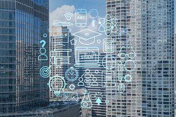 Aerial panoramic city view, Chicago downtown area, day time, Illinois, USA. Birds eye view, skyscrapers, skyline. Education concept. Academic research, top ranking universities, hologram