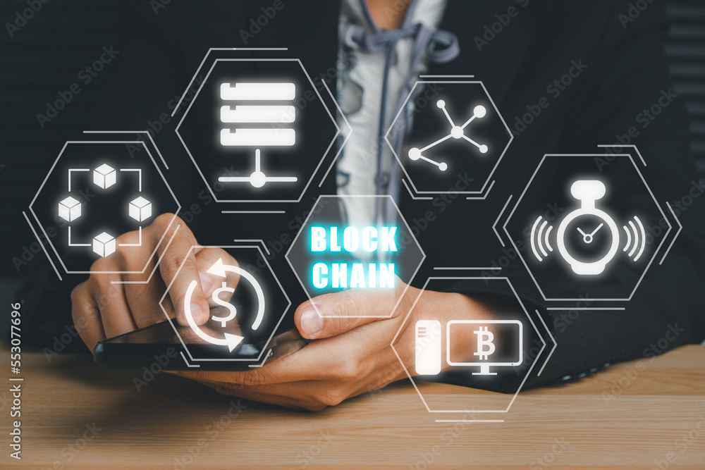Poster blockchain technology concept, young woman working on smart phone with blockchain icon on vr screen,