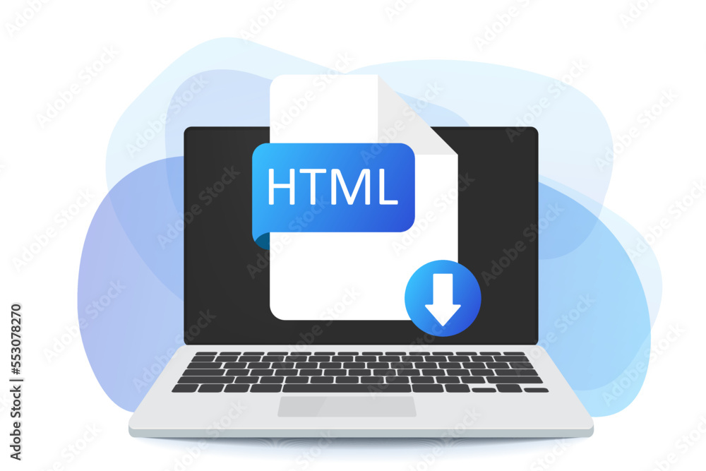 Poster download html button on laptop screen. downloading document concept. html label and down arrow sign.