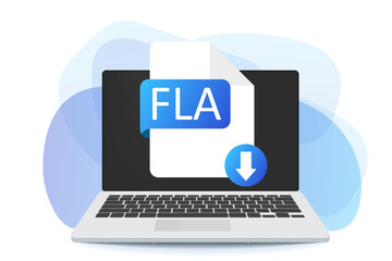 Download FLA button on laptop screen. Downloading document concept. FLA label and down arrow sign. Vector stock illustration.