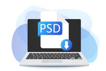 Download PSD button on laptop screen. Downloading document concept. PSD label and down arrow sign. Vector stock illustration.