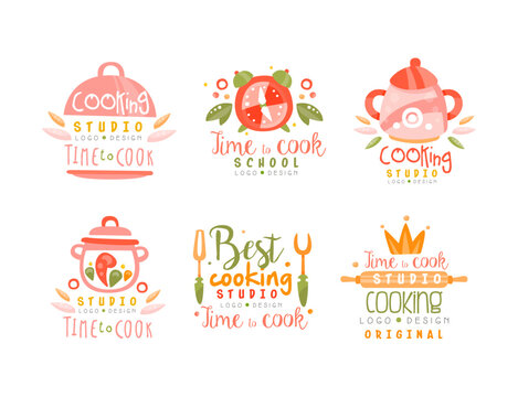 Cooking Studio Logo Design with Different Kitchen Utensils Vector Set