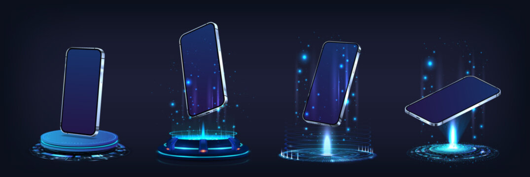 Hi-tech show mockups 3D realistic smartphone in futuristic holograms, podium, platforms. 3D mobile phone templates with blank screen levitate in futuristic holograms. HUD cyberpunk concept. Vector