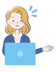 パソコン操作で案内するスーツ姿の若い女性　3c