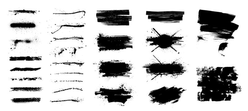 Ink black spots, paintbrush and splashes grunge, isolated on white background. Vector set black brush stroke, dirty artistic design elements. Grunge splatter with drops blots. Vector ink box 