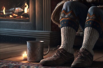 Cozy Feet in Winterwear Socks next to Fireplace with Hot Drink Beautiful and Relaxing Scenery Generative AI